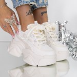 Γυναικεία αθλητικά παπούτσια με πλατφόρμα 3SJN61 Μπεζ-Λευκό | Mei